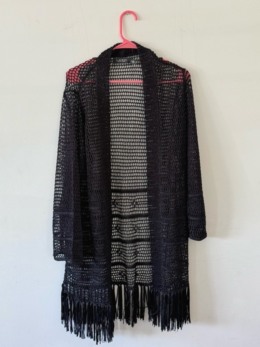 Lauren Ralph Lauren Pointelle-Knit Black Open-Knit Fringe Cardigan, Medium - Picture 3 of 9